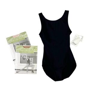 Capezio Tank Leotard Black Size XS + Pink & Suntan Transition Tights S/M New NWT